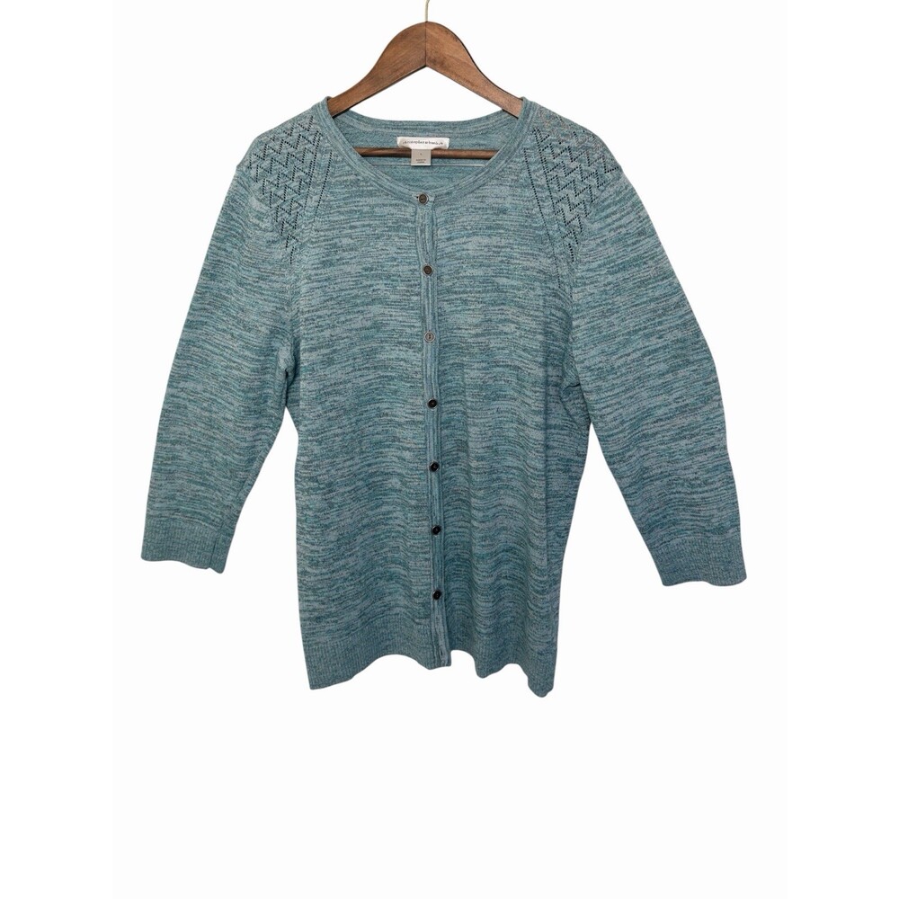 Christopher & Banks L Teal Space Dye Pointelle Button Cardigan
